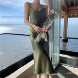 2021 Women Satin Deep Sexy Solid Straight Party Spaghetti Strap Midi Dress Elegant Female Summer Club Clothes