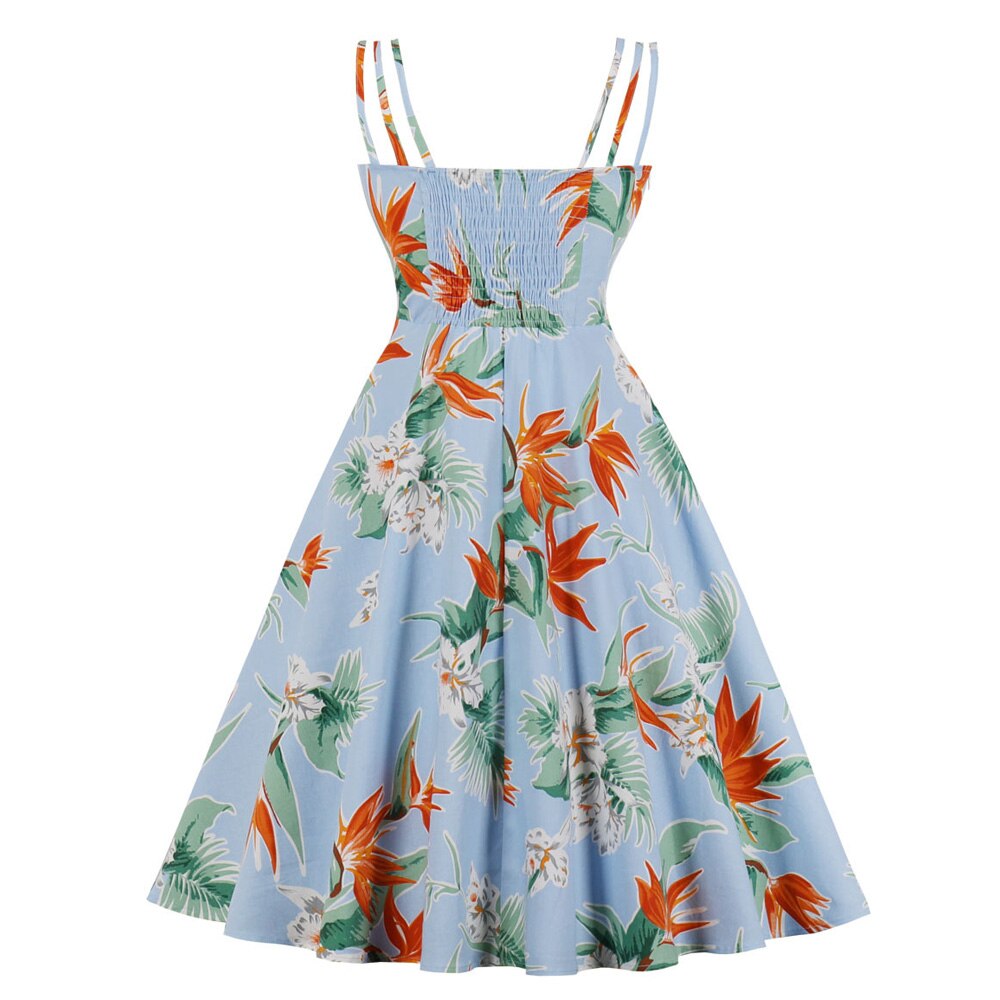 Floral Print Vintage 50s 60s Retro Women Spaghetti Strap Cotton Robe Pin Up Swing Summer Dresses