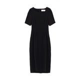 Summer Women Elegant Midi Slim Solid Black Dress Office Lady Fashion Bodycon Puff Sleeve Dress