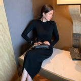 Winter Women Knitted Sweater Long Sleeve Basic Solid Slim Midi Bodycon Dress