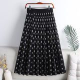 High Waist Fall Winter Letter Knitted Pleated Skirts Elastic Waist A Line Casual Midi Skirt