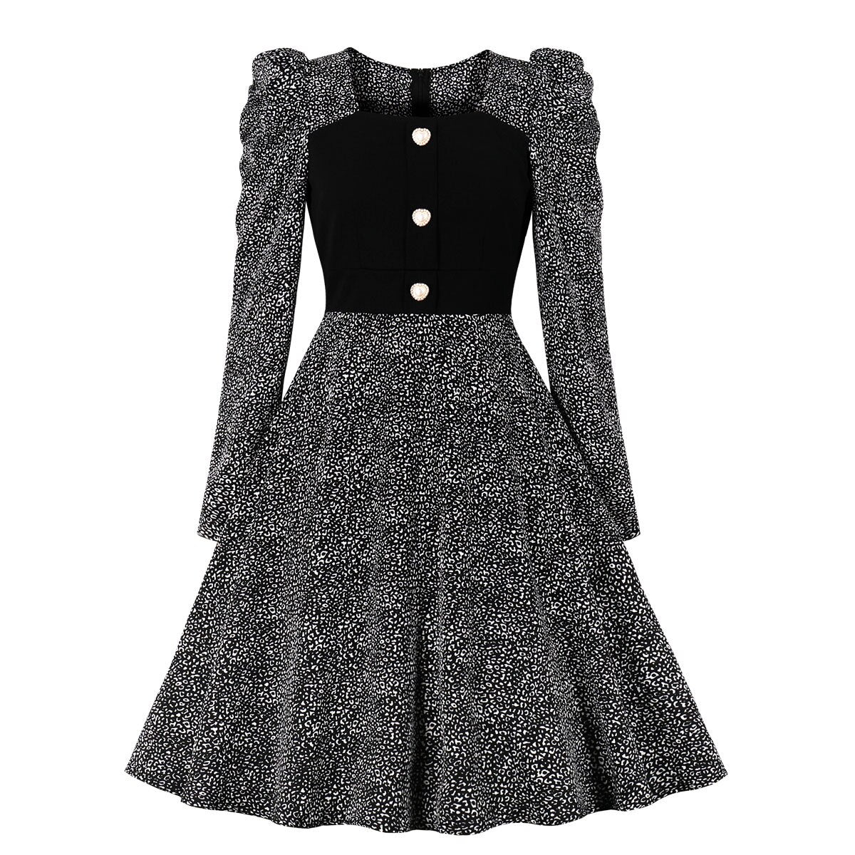 1950s Chiffon Black Print Long Sleeve Robe Pin Up Swing Retro Vintage Dress