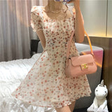 Summer Elegant Floral Dress Women Lace Up Designer Backless Sexy Mini Dress French Retro High Waist Chic Party Sweet Dress