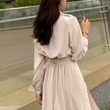 Women Spring Summer Front Button Midi Shirt Dress Solid Sashes Long Sleeve Casual Belt Waist  Office Lady Sundress