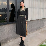 Autumn Women Leather Midi Dress Patchwork Lapel Single-Breasted Lace-up Female Dress Full Sleeve 2021 Ladies PU Vestidos