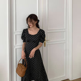 Women  Korean Style Fashion New Slim Fit Print Lantern Sleeve Polka Dot Dresses Casual Wear Clothes Vestidos