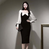 Spring Autmn New Women Fashion Elegant Slim Chic Office Lady Dress Female Square Collar Knee-Length Bodycon Vestdios