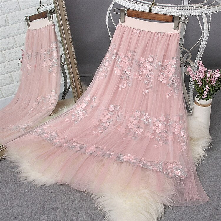 Floral Embroidery Women High Waist Mesh Elegant A-line Pleated Skirts Outwear