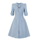 1950s Women Spring Party Retro Sleeve Bow Neck Button Up Shirt Swing Tunic Blue Vintage Dresses