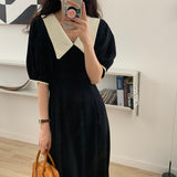 Women Harajuku Summer Short Sleeve Midi Holiday Chic A-line Popular Loose Lapel Retro Fashion Dress