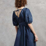 Spring Women Denim Sexy Long Single-breasted V-Neck Lace-up A-Line High Waist Vintage Dress