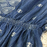 Denim Vintage Embroidery Midi Women Casual Slim High Waist A-Line Dress Outwear