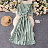 Elegant Vintage Belted High Low Midi Dress V Neck Short Puff Sleeve Summer Dress Sundress