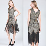 1920s Vintage Great Gatsby Double V-Neck Sleeveless Beaded Sequin Tassel Dress Art Deco Flapper Dress for Party