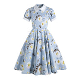 2021 Flora Blue Summer Casual A Line Women Dress With Pocket Little Daisy Peter Pan Collar Swing Rockabilly 40s 50s 60s Sundress