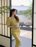 Women Summer Yellow Floral Dress Hollow Out Midi Slim Casual Party Retro Short Puff Sleeve Dress