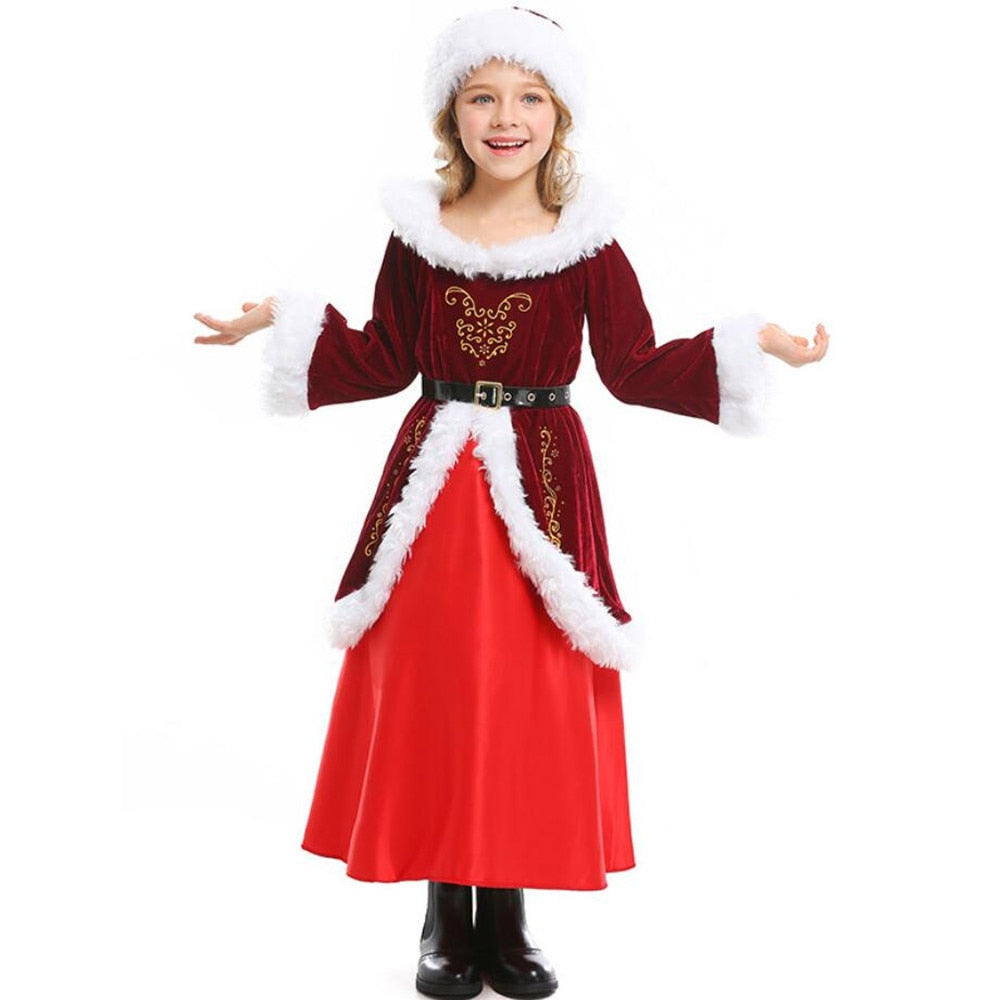 Deluxe Velvet Kids Christmas Costume Festival Santa Clause for Girls New Year Chilren Clothing Fancy Dress Xmas Party Dress