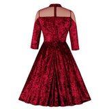 Elegant Women Velvet Vintage Sleeve Mesh Stand Collar Robe Pinup Swing Burgundy Formal Party Dress