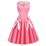 Red V Neck Tie Pocket Polka Dot 1950S Vintage Slim Pinup Summer Sleeveless Elegant Party A Line Dress