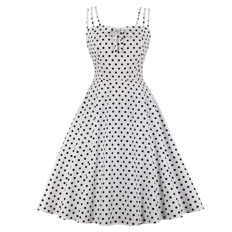 Retro Style Polka Dot Tie Front Spaghetti Strap Party Swing Shirred Back Vintage A Line Dress