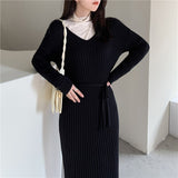 Winter Women Elegant V-Neck Slim Waist Female A-Line Sweaters Ladies Midi Dress Stretch Warm Knitted Dress