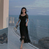 Summer Elegant Strap Fairy Dress Women Vintage Princess Korean High Waist Sweet Dress Female Casual Puff Sleeve Beach Dress 2021