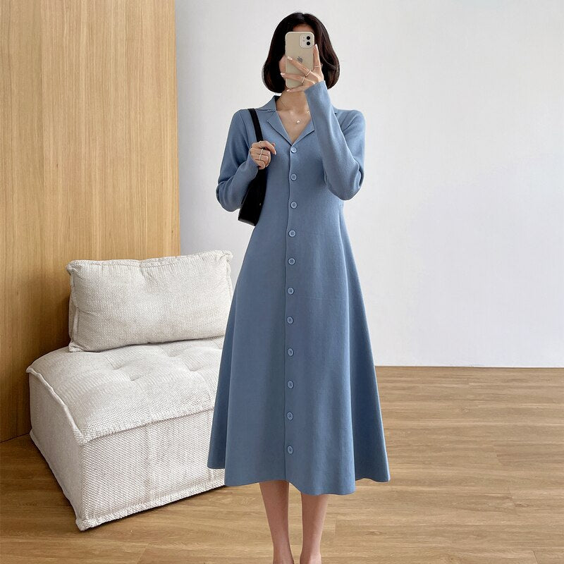 2021 Autumn Winter Women's Long-Sleeved Sweater Outwear Cardigan Suit Collar Singles Breasted Knitted A-line Dress