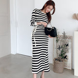 Women  Striped Lace Up Office Ladies Elegant Side Split  Vestidos Casual Long Sleeve Robe Autumn Spring Dress