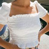Ruffles Ruched Square Collar Stretchy Solid Summer Short Sleeve Casual Elegant Ribbed Crop Tops
