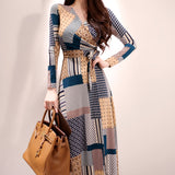 New V-neck Print Long Dress Women Bandage Split Bodycon Dresses 2019 Autumn Geometric Casual Vestido De Festa