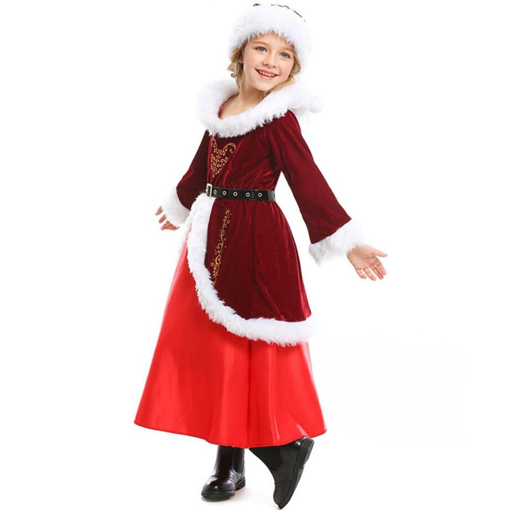 Deluxe Velvet Kids Christmas Costume Festival Santa Clause for Girls New Year Chilren Clothing Fancy Dress Xmas Party Dress