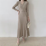 V Neck Long Sleeve Knitted Dress With Belt Autumn Winter Chic Elegant Pleated Midi Dress