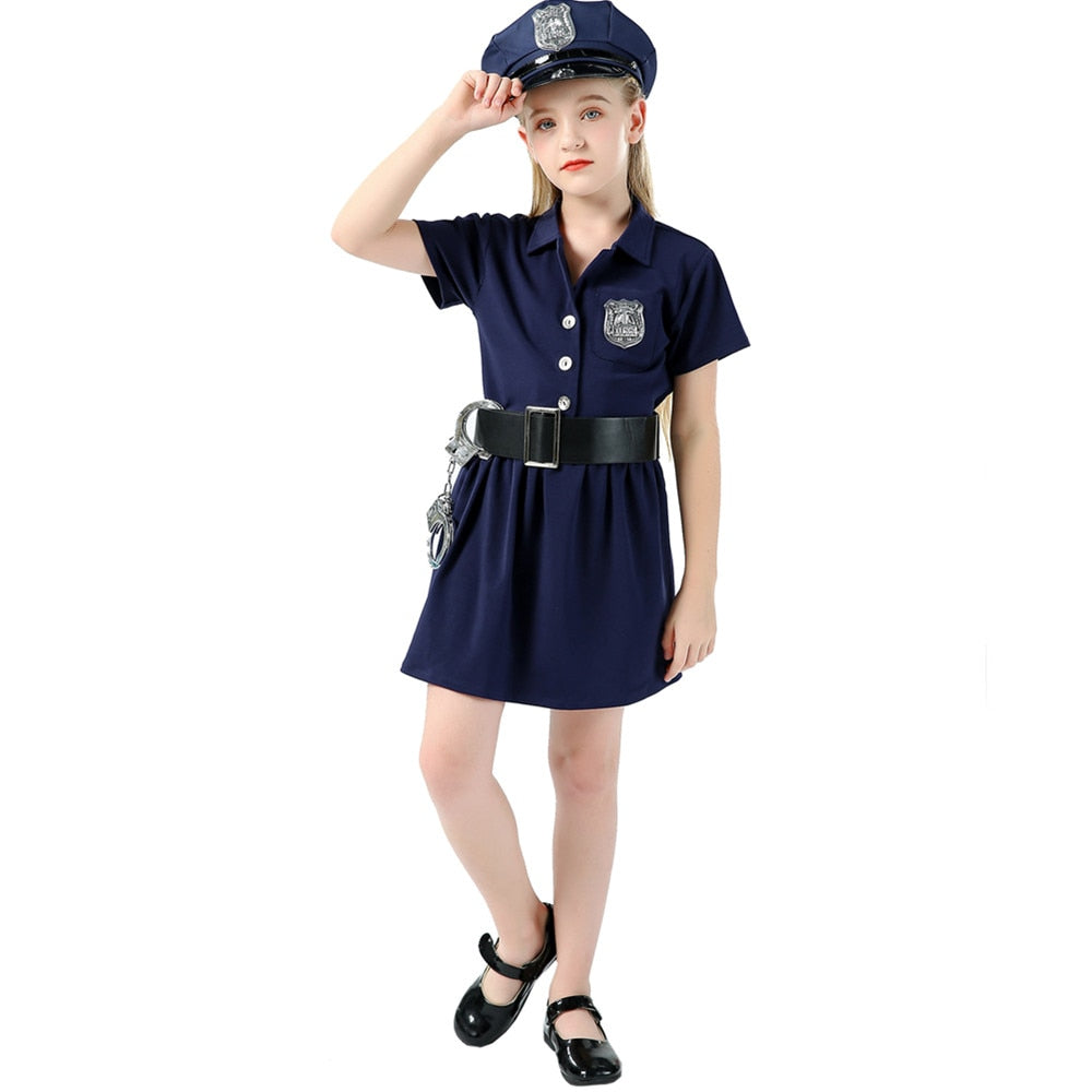 Cute Girls Police Officer Playtime Cosplay Uniform Kids Child Coolest Cop Profession Halloween Costume Fancy Dress