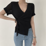 Summer Sexy Women V-neck Short Sleeve Solid Knitted T Shirts Slim Casual Tops