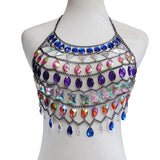Colorful Waterdrop Acrylic Gems Sequins Tank Metal Chains Sexy Halter Night Club Party Women Backless Short Crop Tops
