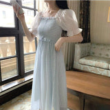 Vintage Retro Fairy Dress Women Puff Sleeve Chiffon Plaid Summer Dress Patchwork Designer French Style Elegant Korean Dress 2020