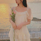 Summer Elegant Strap Fairy Dress Women Vintage Princess Korean High Waist Sweet Dress Female Casual Puff Sleeve Beach Dress 2021