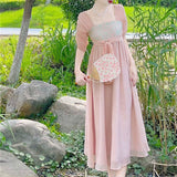 2021 Summer Pink Vintage Dress Women High Waist Backless Casual Elegant Fairy Dress Female Japanese Holiday Slim Sweet Sundress