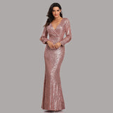 Sexy V-neck Mermaid Evening Dress Long Formal Prom Party Gown Full Sequins Long Sleeve Galadress Vestidos Women Dress