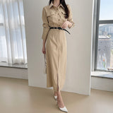 Women Casual Shirt Dress 2021 Autumn Vestidos Long Sleeve Lace-up Single-Breasted Female Split Dress