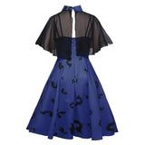 Chiffon Cape Bat Print Elegant Summer Midi High Waist Vintage Style Women Halloween Party Swing Dress