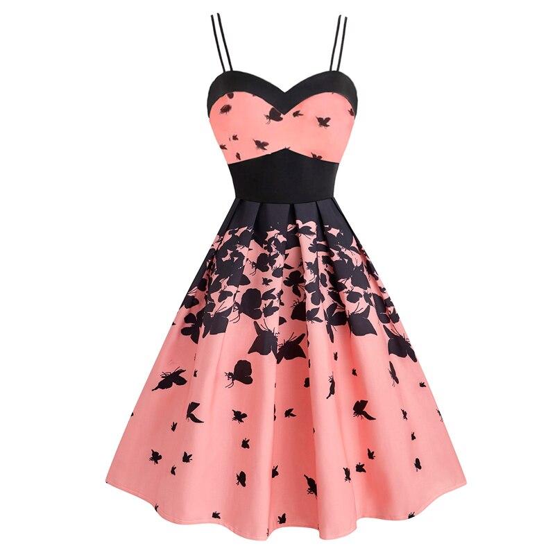 Pink 50S Vintage Butterfly Print Elegant Party Pleated Summer Double Strap Fit and Flare High Waist Dress