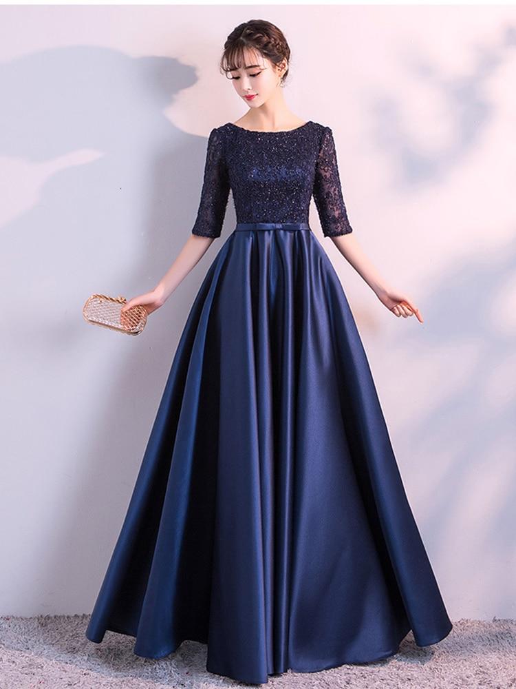 Navy Blue Homecoming Dress Half Sleeve Formal Dress O-neck Elegant Robe De Soriee Floor-length A-line Satin Party Prom Gowns