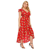 Red Floral Plus Size Women Boho V Neck Asymmetrical High Waist Beachwear Long Beach Party Bohemian Dress