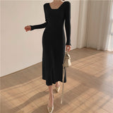 Women Square Collar Full Sleeve Sweater Midi Dress Autumn Winter Knitted Dress Casual A-Line Female Vestidos