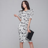 Summer Office Lady Wear Women Print Formal  Bodycon Short Slevess Dress