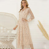 Party Dress V-Neck Long-Sleeve Cocktail Dress Apricot Tassels Sequin Woman's Formal long Dress Sexy V-Back
