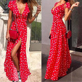 Short/Long Sleeve Spring Deep V-neck Dot-Printed Beach Women Dress