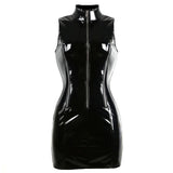 Women PVC Leather Wetlook Sleeveless Stand Collar Front Zipper Slim Fit Sexy Ladies Evening Party Fashion Sex Clubwear Dress