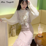 Japanese Kawaii Plaid Strap Dress Women Sweet Bow Designer Party Midi Dress Female Casual Korean Fashion Winter Cute Dress 2021